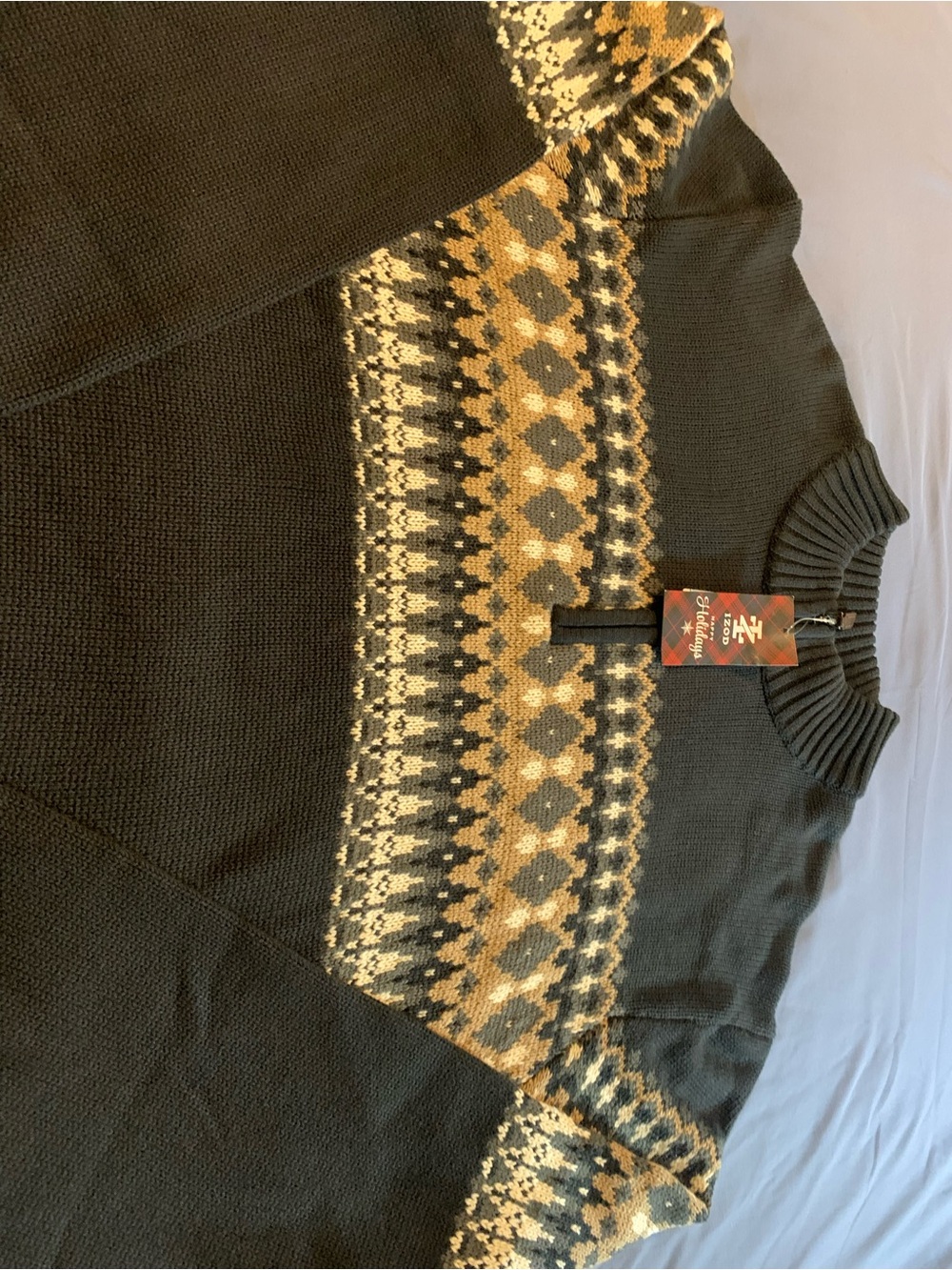 Izod Black Zip Mock Sweater with Mustard and Cream Fair Isle - Picture 2 of 8